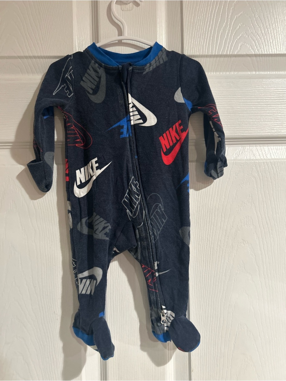 Nike Navy Logo Print Footed One-Piece with Red & Blue Accents